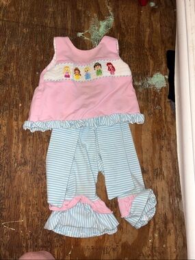 Girls Pink Smocked Top with Blue Stripe Ruffle Pants